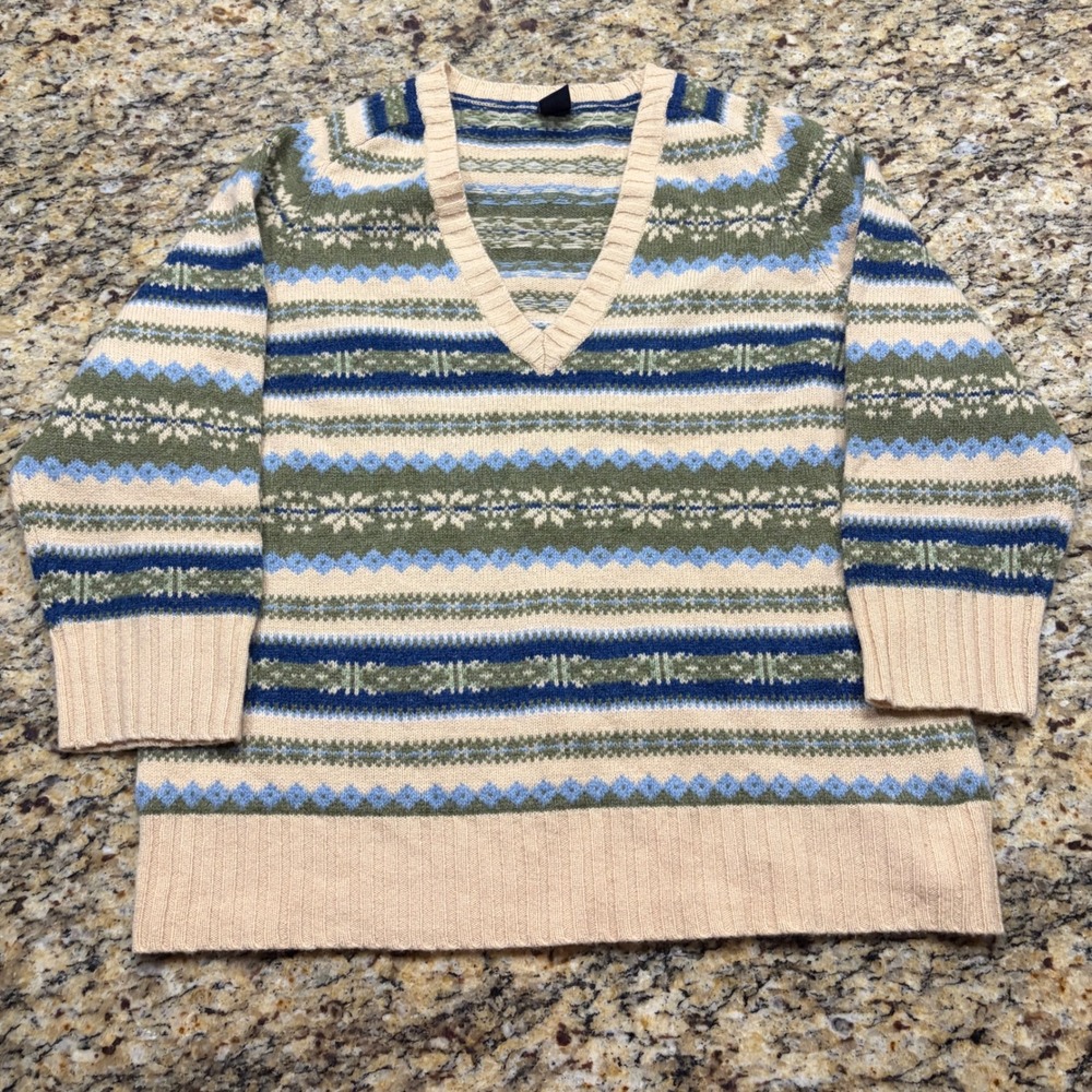 Gap Vintage Fair Isle V-Neck Sweater Womens XL Blue Green Cream Knit Pullover
